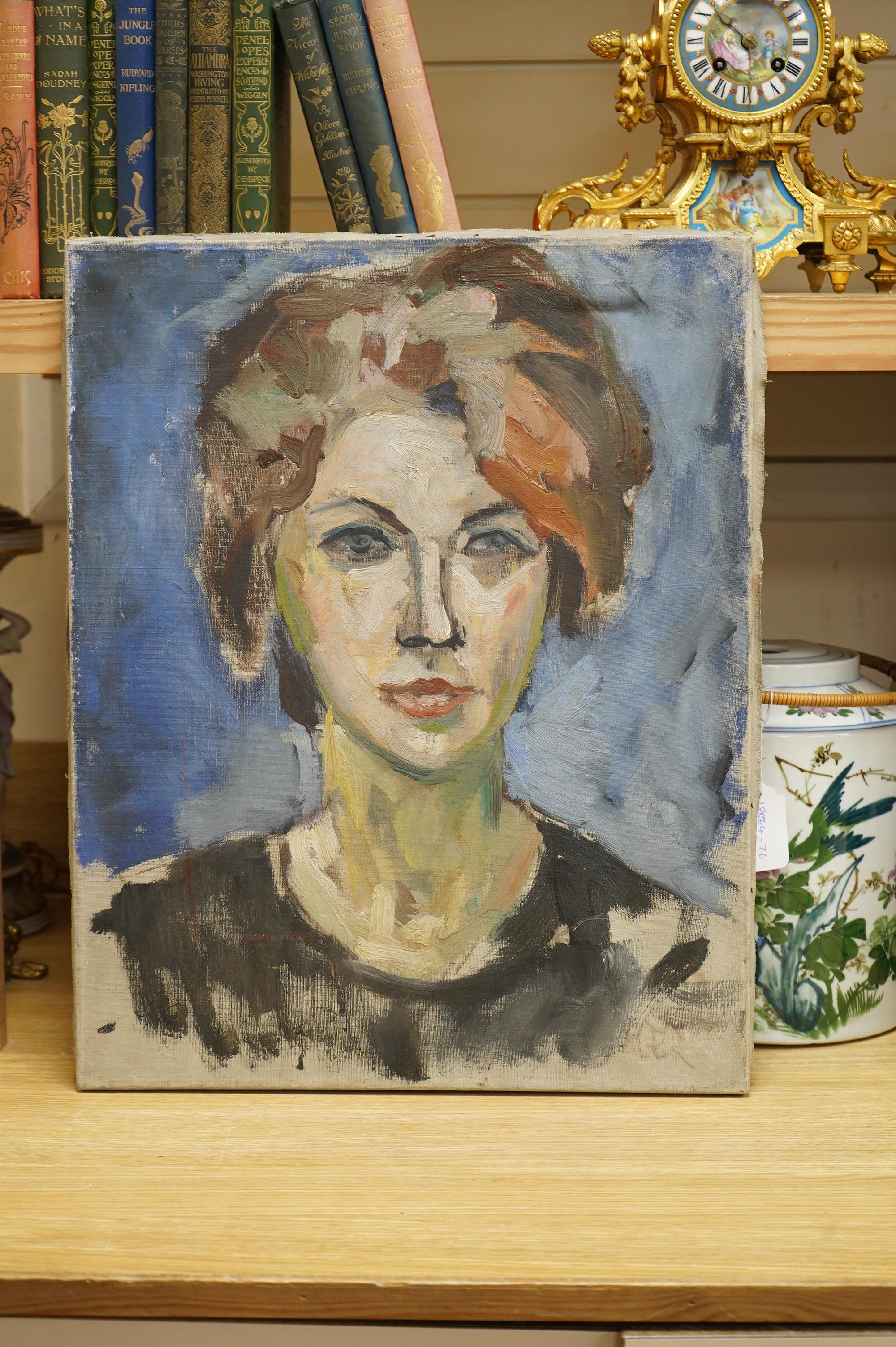 Continental School, 20th century, Head and shoulders portrait of a lady, oil on canvas, 50 x 40cm, unframed